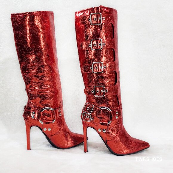 Look At Me Red Faux Leather High Heel Harness Knee Boots - Picture 1 of 9